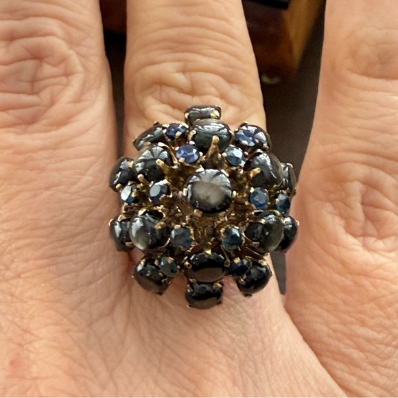 14K solid gold natural corn blue sapphire and black star sapphire cluster ring - Picture 2 of 9
